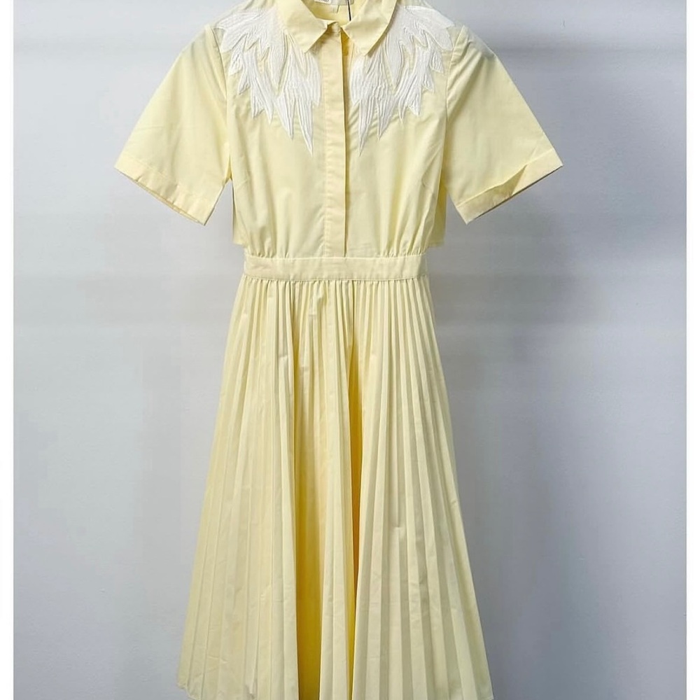 Maje Light Yellow Midi Dress with Pleated Skirt